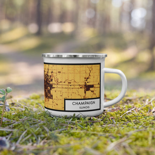 Right View Custom Champaign Illinois Map Enamel Mug in Ember on Grass With Trees in Background