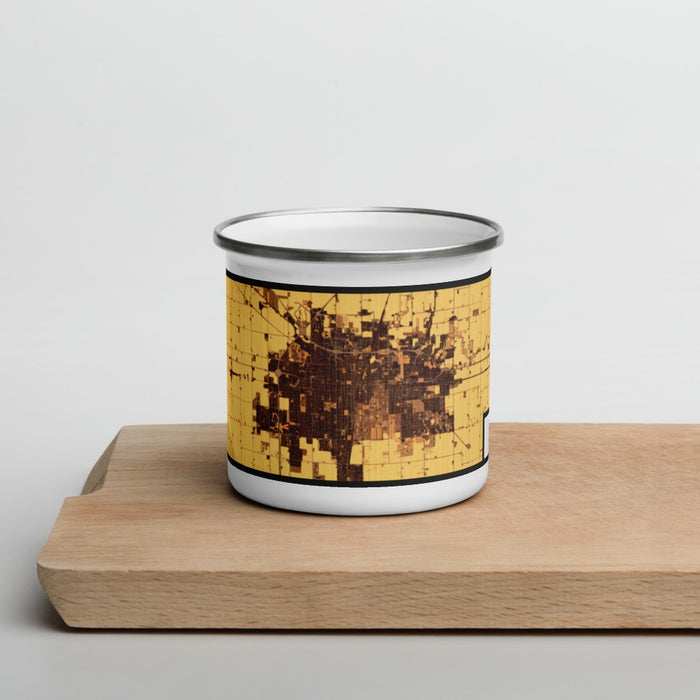 Front View Custom Champaign Illinois Map Enamel Mug in Ember on Cutting Board