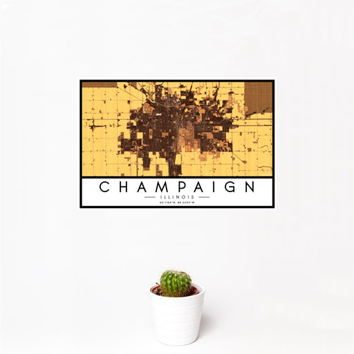 12x18 Champaign Illinois Map Print Landscape Orientation in Ember Style With Small Cactus Plant in White Planter