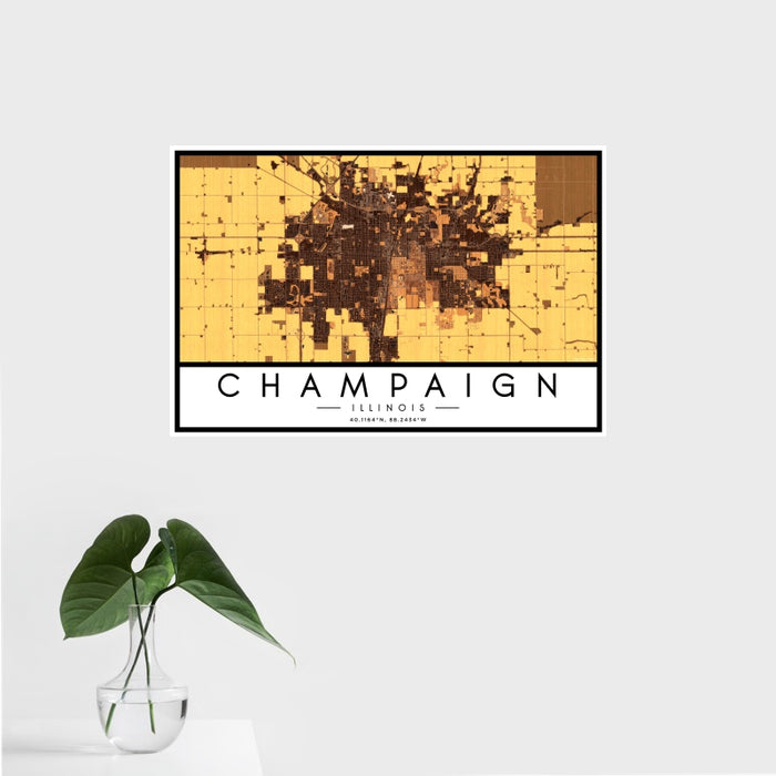 16x24 Champaign Illinois Map Print Landscape Orientation in Ember Style With Tropical Plant Leaves in Water