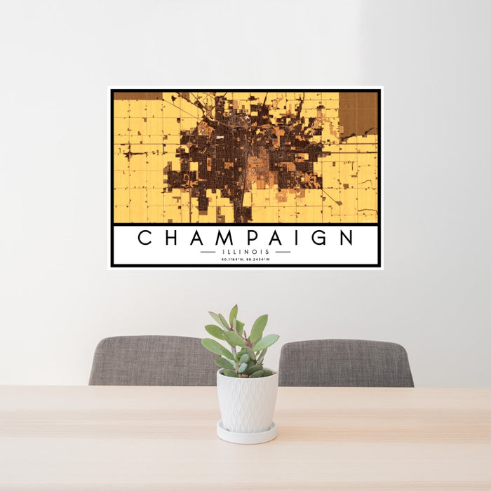 24x36 Champaign Illinois Map Print Landscape Orientation in Ember Style Behind 2 Chairs Table and Potted Plant