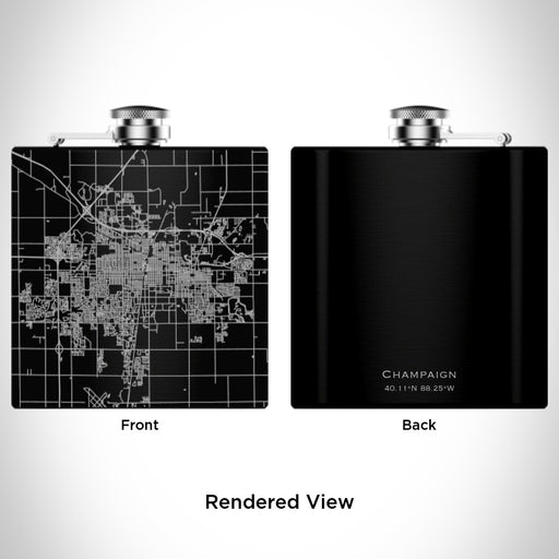 Rendered View of Champaign Illinois Map Engraving on 6oz Stainless Steel Flask in Black