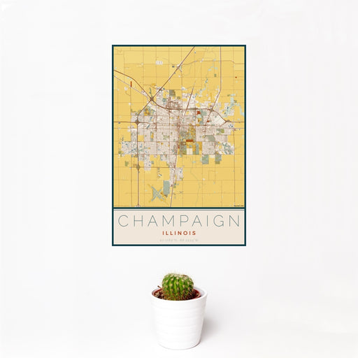 12x18 Champaign Illinois Map Print Portrait Orientation in Woodblock Style With Small Cactus Plant in White Planter
