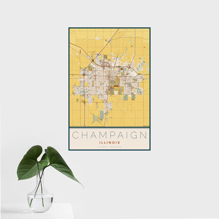 16x24 Champaign Illinois Map Print Portrait Orientation in Woodblock Style With Tropical Plant Leaves in Water
