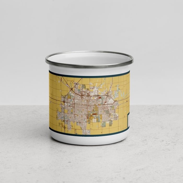 Front View Custom Champaign Illinois Map Enamel Mug in Woodblock