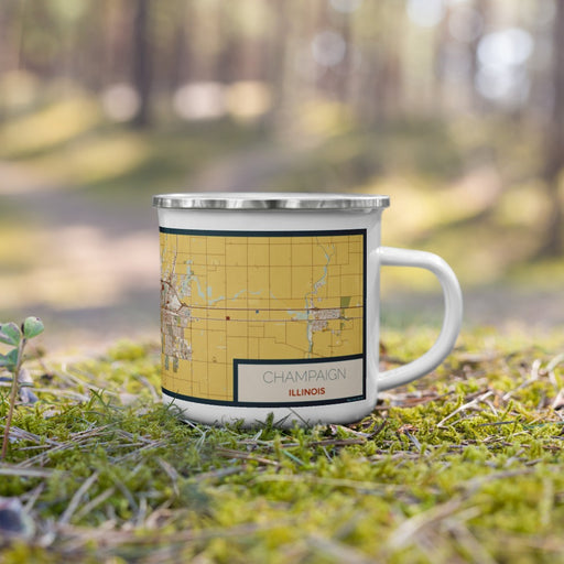 Right View Custom Champaign Illinois Map Enamel Mug in Woodblock on Grass With Trees in Background