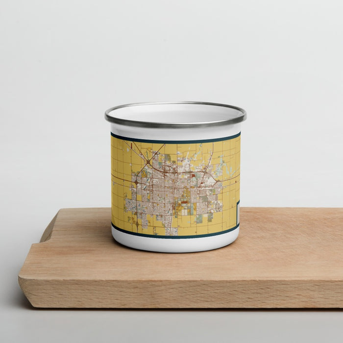 Front View Custom Champaign Illinois Map Enamel Mug in Woodblock on Cutting Board