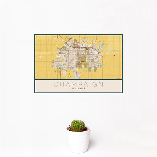 12x18 Champaign Illinois Map Print Landscape Orientation in Woodblock Style With Small Cactus Plant in White Planter