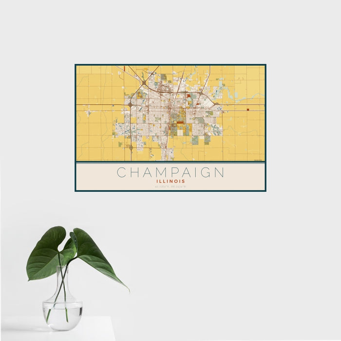 16x24 Champaign Illinois Map Print Landscape Orientation in Woodblock Style With Tropical Plant Leaves in Water