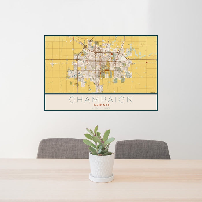 24x36 Champaign Illinois Map Print Landscape Orientation in Woodblock Style Behind 2 Chairs Table and Potted Plant