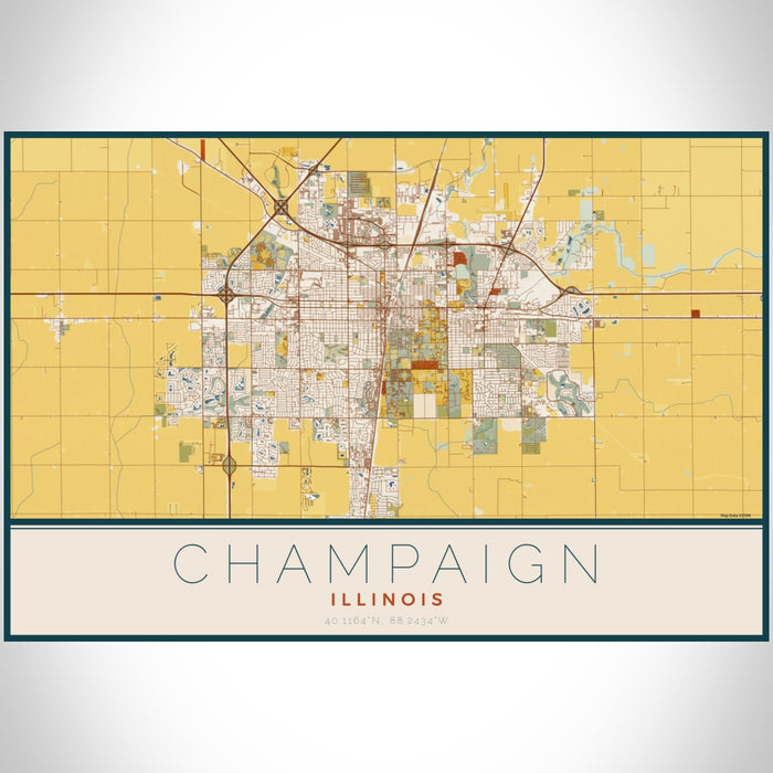 Champaign Illinois Map Print Landscape Orientation in Woodblock Style With Shaded Background