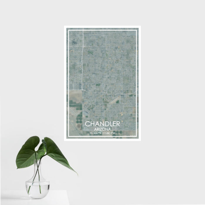 16x24 Chandler Arizona Map Print Portrait Orientation in Afternoon Style With Tropical Plant Leaves in Water