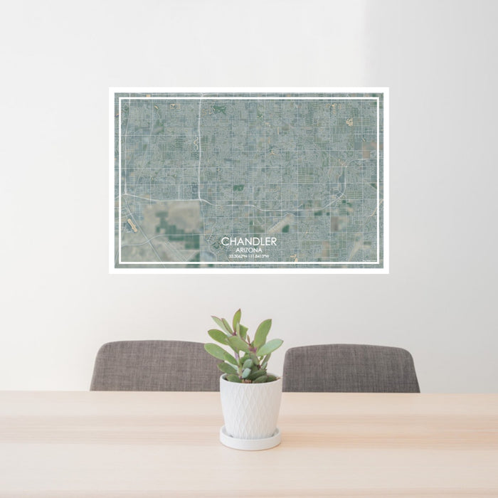 24x36 Chandler Arizona Map Print Lanscape Orientation in Afternoon Style Behind 2 Chairs Table and Potted Plant