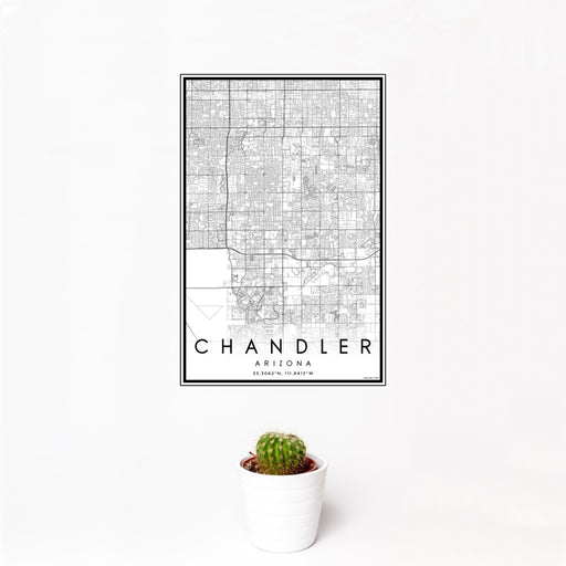 12x18 Chandler Arizona Map Print Portrait Orientation in Classic Style With Small Cactus Plant in White Planter