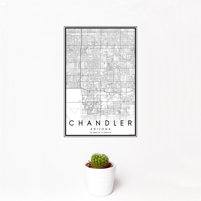 12x18 Chandler Arizona Map Print Portrait Orientation in Classic Style With Small Cactus Plant in White Planter