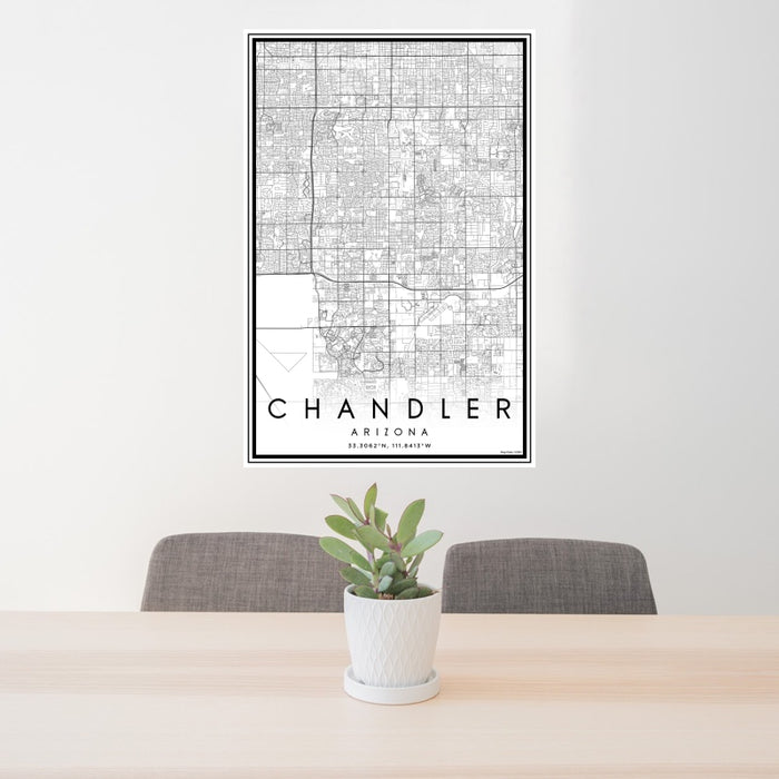 24x36 Chandler Arizona Map Print Portrait Orientation in Classic Style Behind 2 Chairs Table and Potted Plant