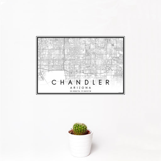 12x18 Chandler Arizona Map Print Landscape Orientation in Classic Style With Small Cactus Plant in White Planter