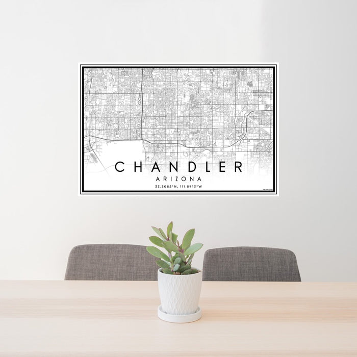 24x36 Chandler Arizona Map Print Landscape Orientation in Classic Style Behind 2 Chairs Table and Potted Plant