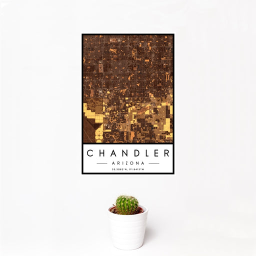 12x18 Chandler Arizona Map Print Portrait Orientation in Ember Style With Small Cactus Plant in White Planter