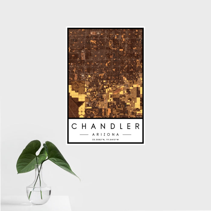 16x24 Chandler Arizona Map Print Portrait Orientation in Ember Style With Tropical Plant Leaves in Water