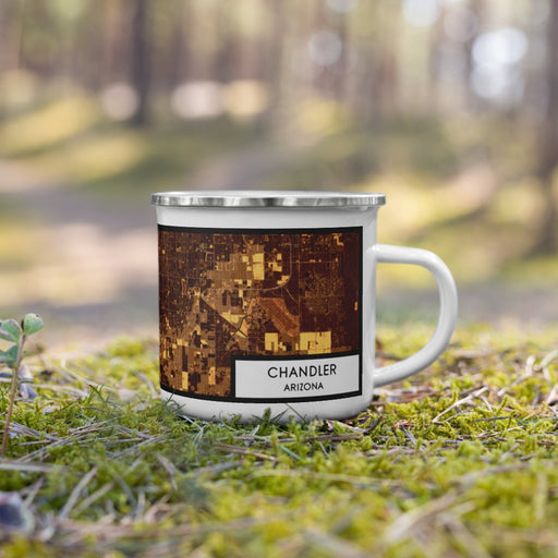 Right View Custom Chandler Arizona Map Enamel Mug in Ember on Grass With Trees in Background
