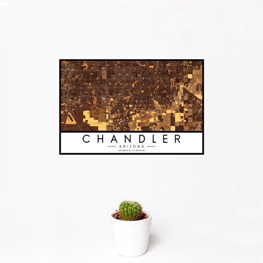 12x18 Chandler Arizona Map Print Landscape Orientation in Ember Style With Small Cactus Plant in White Planter