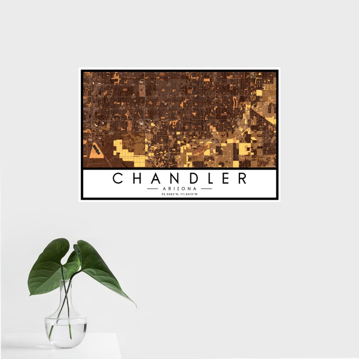 16x24 Chandler Arizona Map Print Landscape Orientation in Ember Style With Tropical Plant Leaves in Water