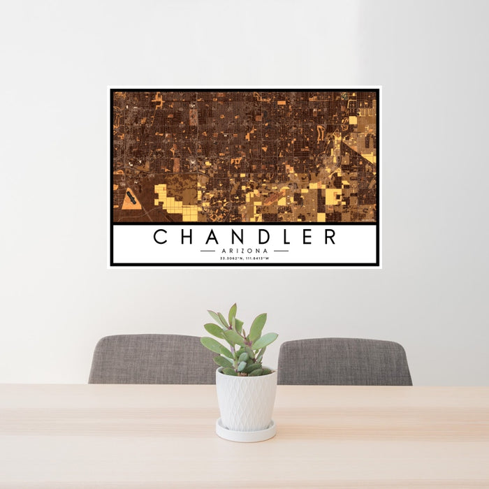 24x36 Chandler Arizona Map Print Landscape Orientation in Ember Style Behind 2 Chairs Table and Potted Plant