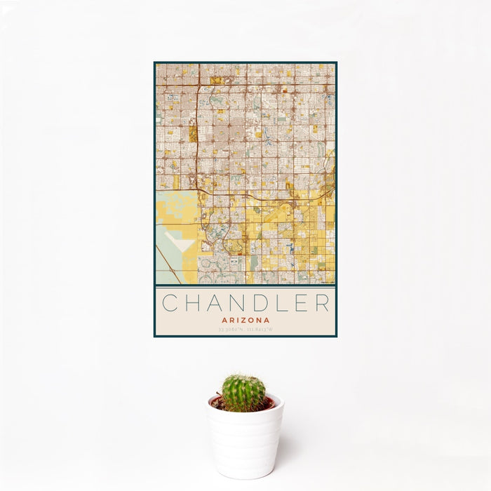 12x18 Chandler Arizona Map Print Portrait Orientation in Woodblock Style With Small Cactus Plant in White Planter