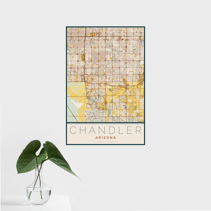 16x24 Chandler Arizona Map Print Portrait Orientation in Woodblock Style With Tropical Plant Leaves in Water