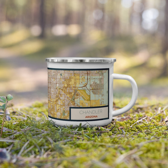 Right View Custom Chandler Arizona Map Enamel Mug in Woodblock on Grass With Trees in Background