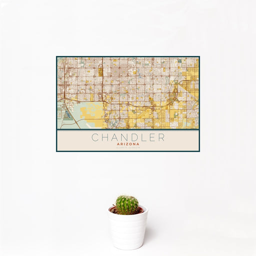 12x18 Chandler Arizona Map Print Landscape Orientation in Woodblock Style With Small Cactus Plant in White Planter