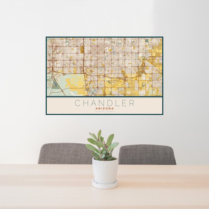 24x36 Chandler Arizona Map Print Landscape Orientation in Woodblock Style Behind 2 Chairs Table and Potted Plant