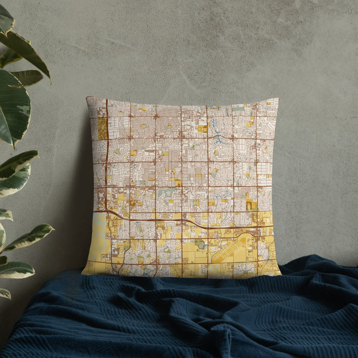 Custom Chandler Arizona Map Throw Pillow in Woodblock on Bedding Against Wall