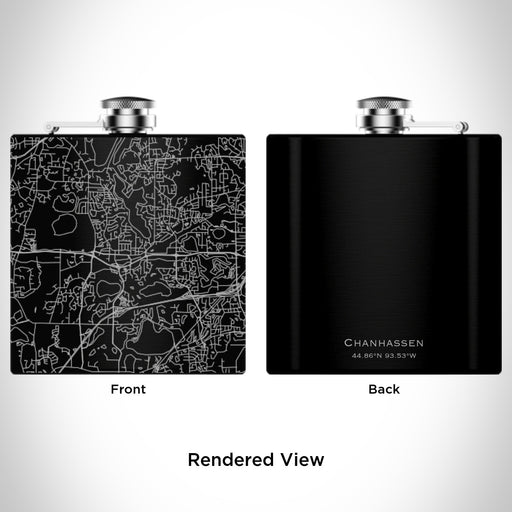 Rendered View of Chanhassen Minnesota Map Engraving on 6oz Stainless Steel Flask in Black