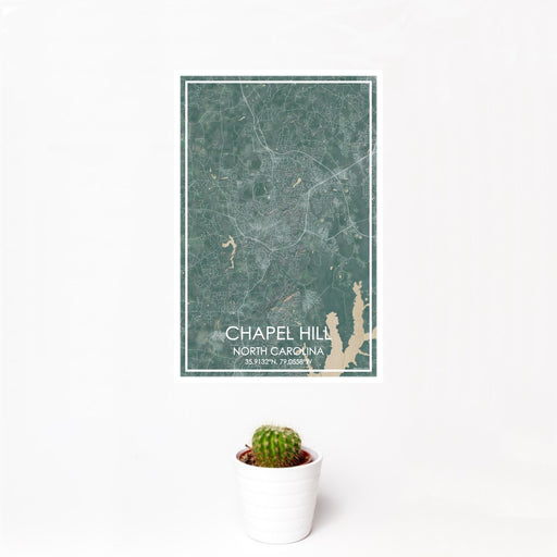 12x18 Chapel Hill North Carolina Map Print Portrait Orientation in Afternoon Style With Small Cactus Plant in White Planter