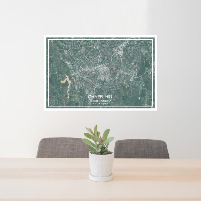 24x36 Chapel Hill North Carolina Map Print Lanscape Orientation in Afternoon Style Behind 2 Chairs Table and Potted Plant
