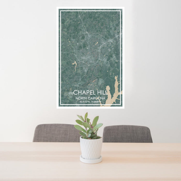 24x36 Chapel Hill North Carolina Map Print Portrait Orientation in Afternoon Style Behind 2 Chairs Table and Potted Plant