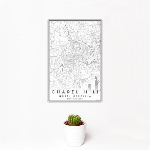 12x18 Chapel Hill North Carolina Map Print Portrait Orientation in Classic Style With Small Cactus Plant in White Planter