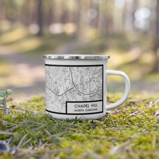 Right View Custom Chapel Hill North Carolina Map Enamel Mug in Classic on Grass With Trees in Background
