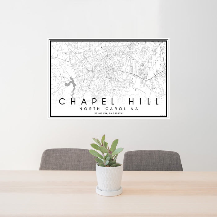 24x36 Chapel Hill North Carolina Map Print Landscape Orientation in Classic Style Behind 2 Chairs Table and Potted Plant