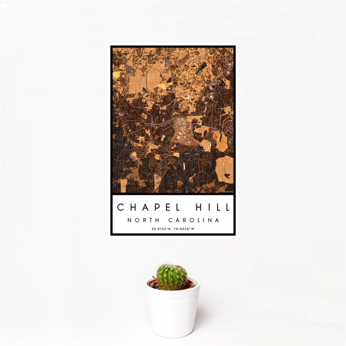 12x18 Chapel Hill North Carolina Map Print Portrait Orientation in Ember Style With Small Cactus Plant in White Planter