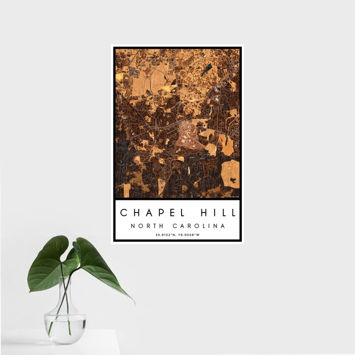16x24 Chapel Hill North Carolina Map Print Portrait Orientation in Ember Style With Tropical Plant Leaves in Water