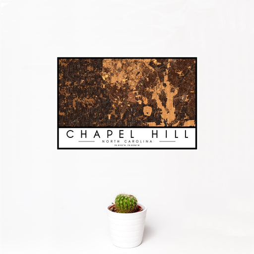 12x18 Chapel Hill North Carolina Map Print Landscape Orientation in Ember Style With Small Cactus Plant in White Planter