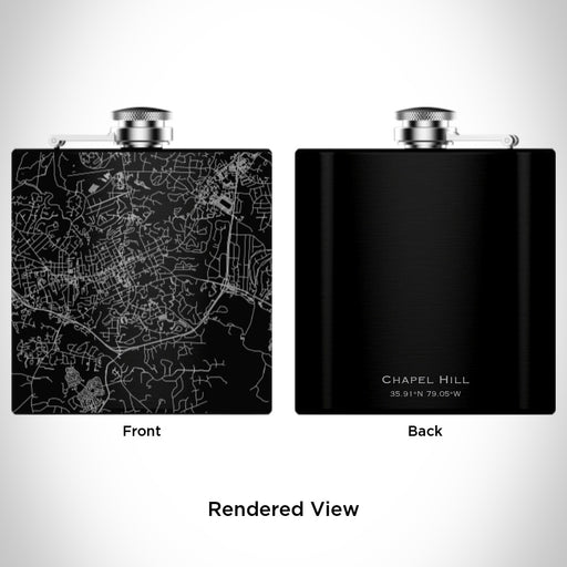 Rendered View of Chapel Hill North Carolina Map Engraving on 6oz Stainless Steel Flask in Black