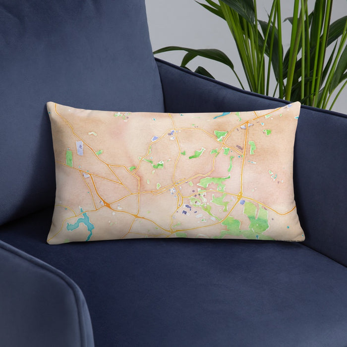 Custom Chapel Hill North Carolina Map Throw Pillow in Watercolor on Blue Colored Chair