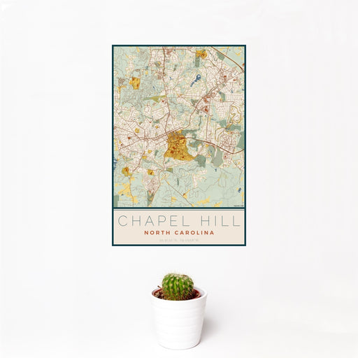 12x18 Chapel Hill North Carolina Map Print Portrait Orientation in Woodblock Style With Small Cactus Plant in White Planter
