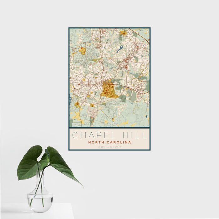 16x24 Chapel Hill North Carolina Map Print Portrait Orientation in Woodblock Style With Tropical Plant Leaves in Water