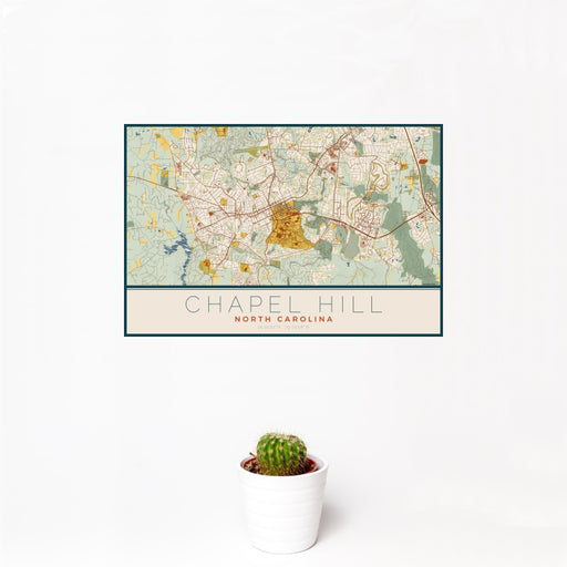 12x18 Chapel Hill North Carolina Map Print Landscape Orientation in Woodblock Style With Small Cactus Plant in White Planter