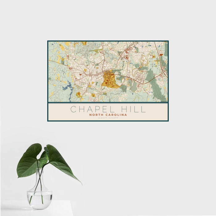 16x24 Chapel Hill North Carolina Map Print Landscape Orientation in Woodblock Style With Tropical Plant Leaves in Water